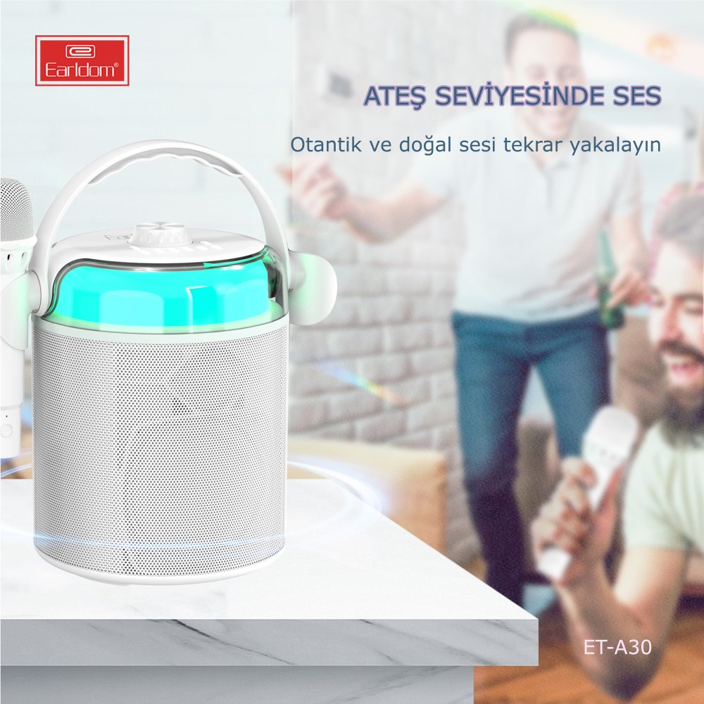 Earldom A30 RGB Işıklı Karaoke Mikrofonlu Bluetooth Kablosuz Hoparlör - Beyaz