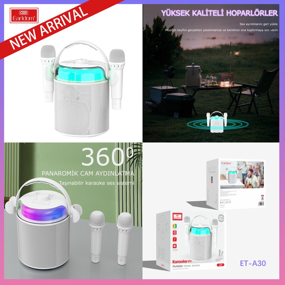 Earldom A30 RGB Işıklı Karaoke Mikrofonlu Bluetooth Kablosuz Hoparlör - Beyaz