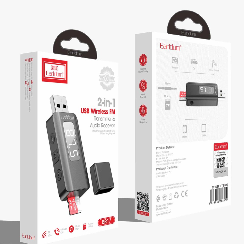 Earldom BR17 BT 5.3 SD Kart ve Aux Çıkışlı Arama Destekli Dijital Ekranlı 2in1 USB FM Transmitter - Siyah
