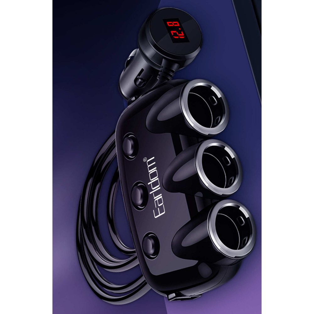 Earldom CS1 120W Dijital Voltaj Göstergeli 3 Adet Çakmaklık ve 2 Adet USB Çıkışlı PD Hızlı Araç Şarj - Siyah