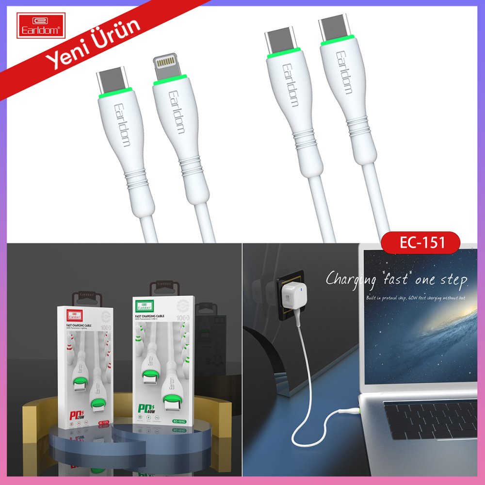 Earldom EC-151C PD 60W Type-C to Type-C 1M Hızlı Şarj Kablosu - Beyaz