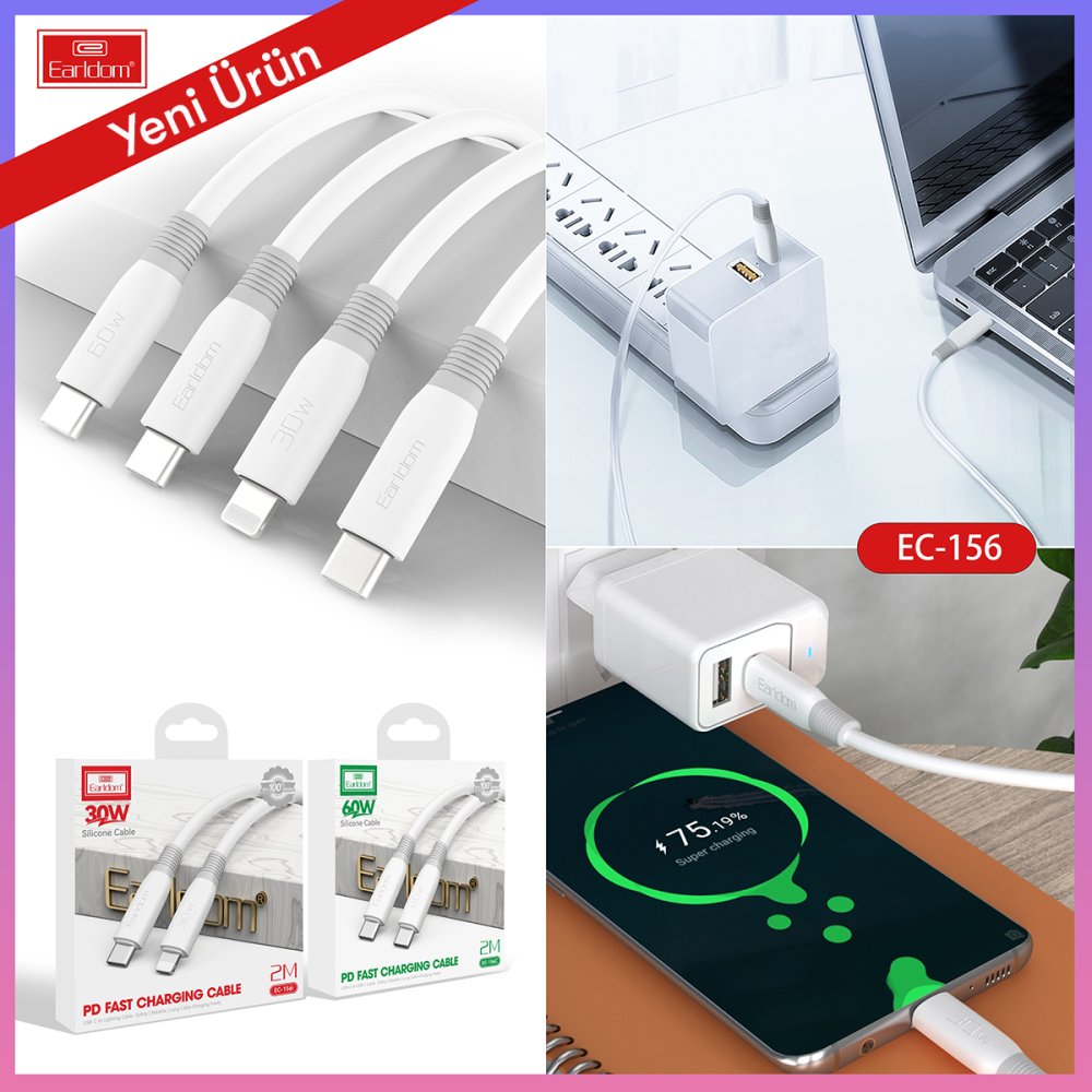 Earldom EC-156i PD 30W Type-C to Lightning 2m Hızlı Şarj Kablosu - Beyaz