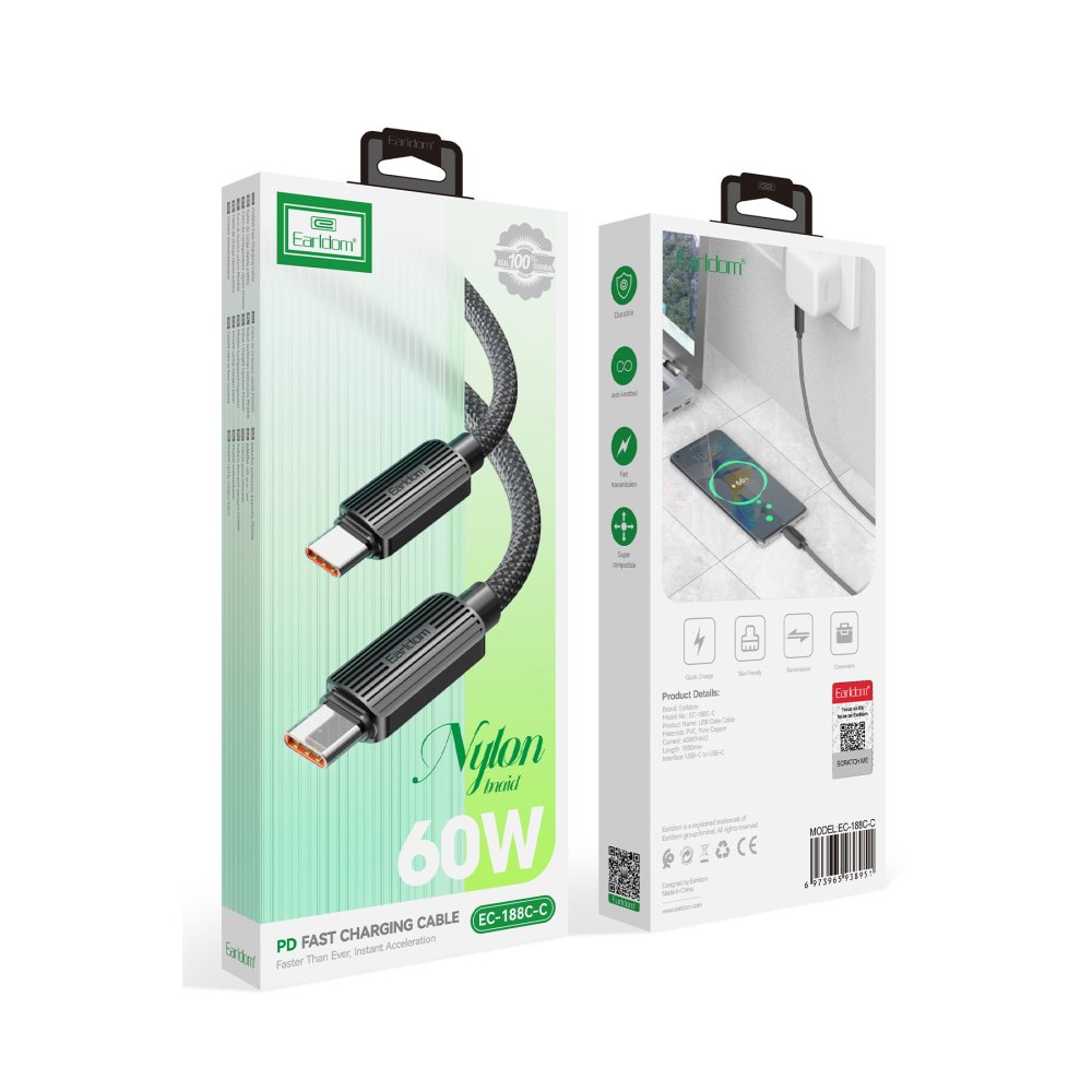 Earldom EC-188CC 1M 60W Hasırlı Type-C to Type-C PD Hızlı Şarj Kablosu - Siyah
