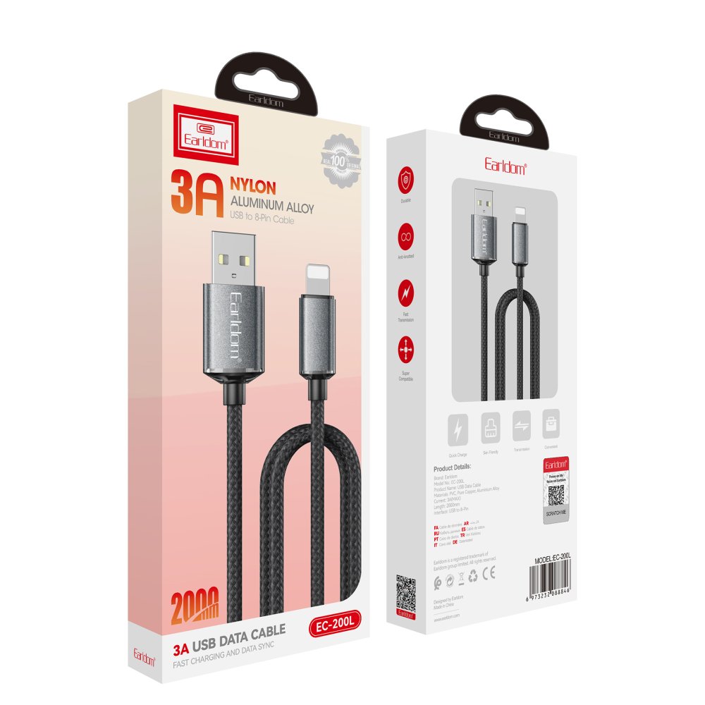 Earldom EC-200L 2M 3A USB to Lightning Hızlı Şarj Kablosu - Siyah