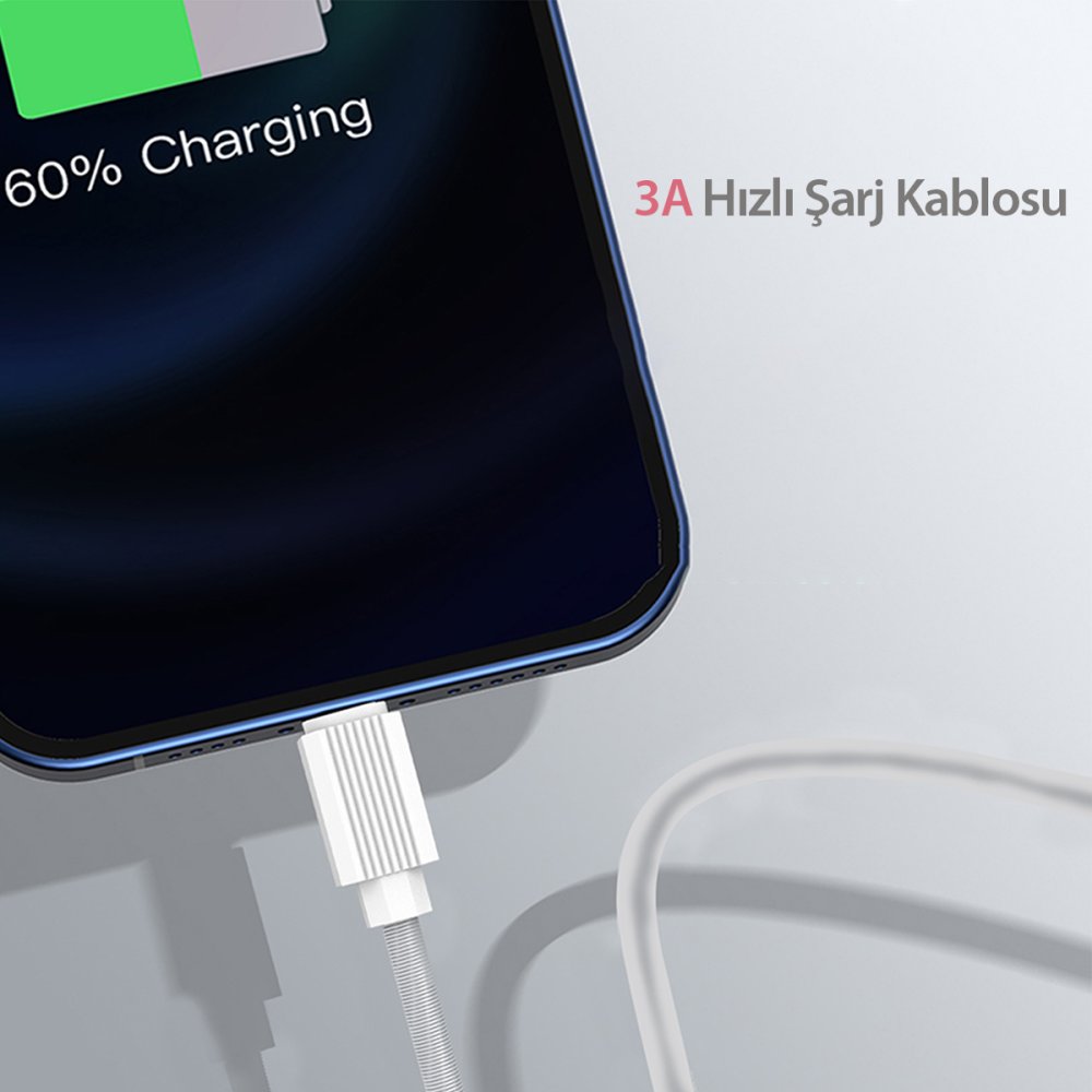 Earldom EC-137L 1M 3A Kırılmaya Dayanıklı Lightning Hızlı Şarj Kablosu - Beyaz
