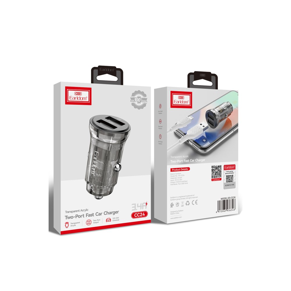 Earldom ES-CC24C 2 Adet 5V 3.4A Usb Çıkışlı Ekstra USB to Type-C Kablolu PD Hızlı Araç Şarj - Siyah