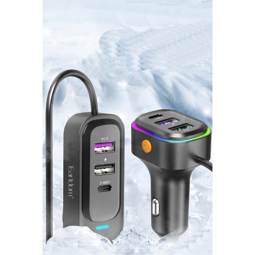 Earldom ES-CC26 1.5M Dahili Uzatıcı Kablolu 2 Adet Type-C ve 4 Adet USB Çıkışlı RGB 66W PD Hızlı Araç Şarj - Siyah