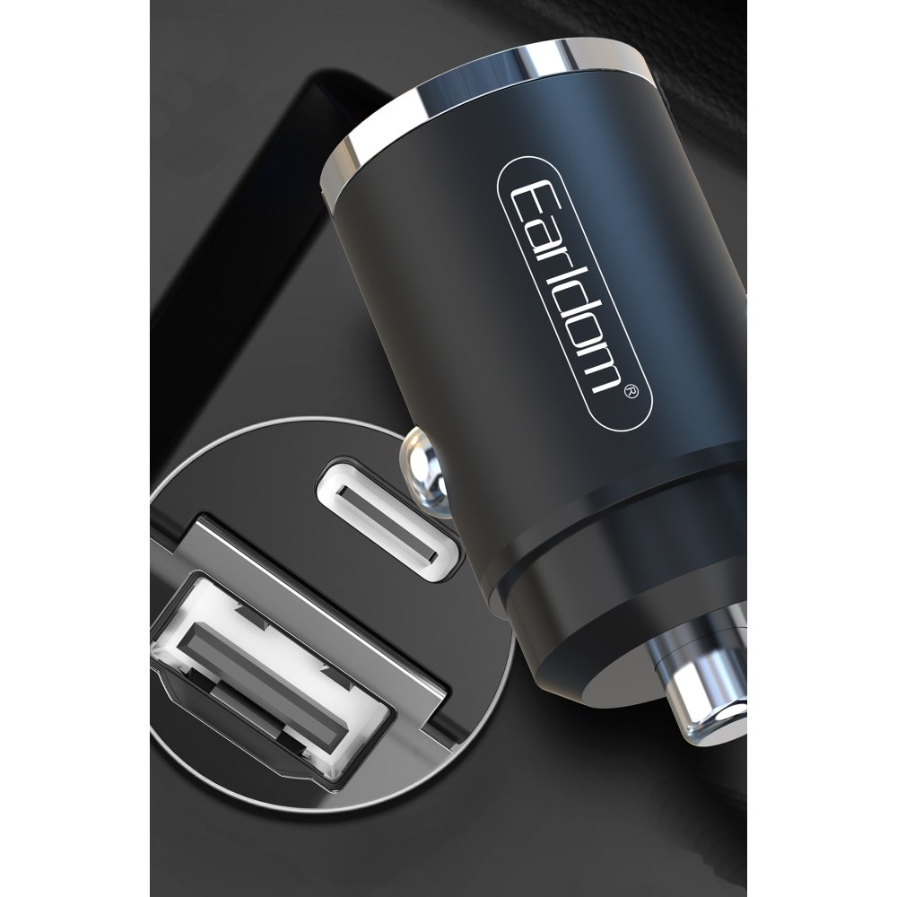 Earldom ES-CC3 1 Adet 18W USB 3.0 / 1 Adet 20W Type-C Çıkışlı PD Hızlı Araç Şarj - Siyah
