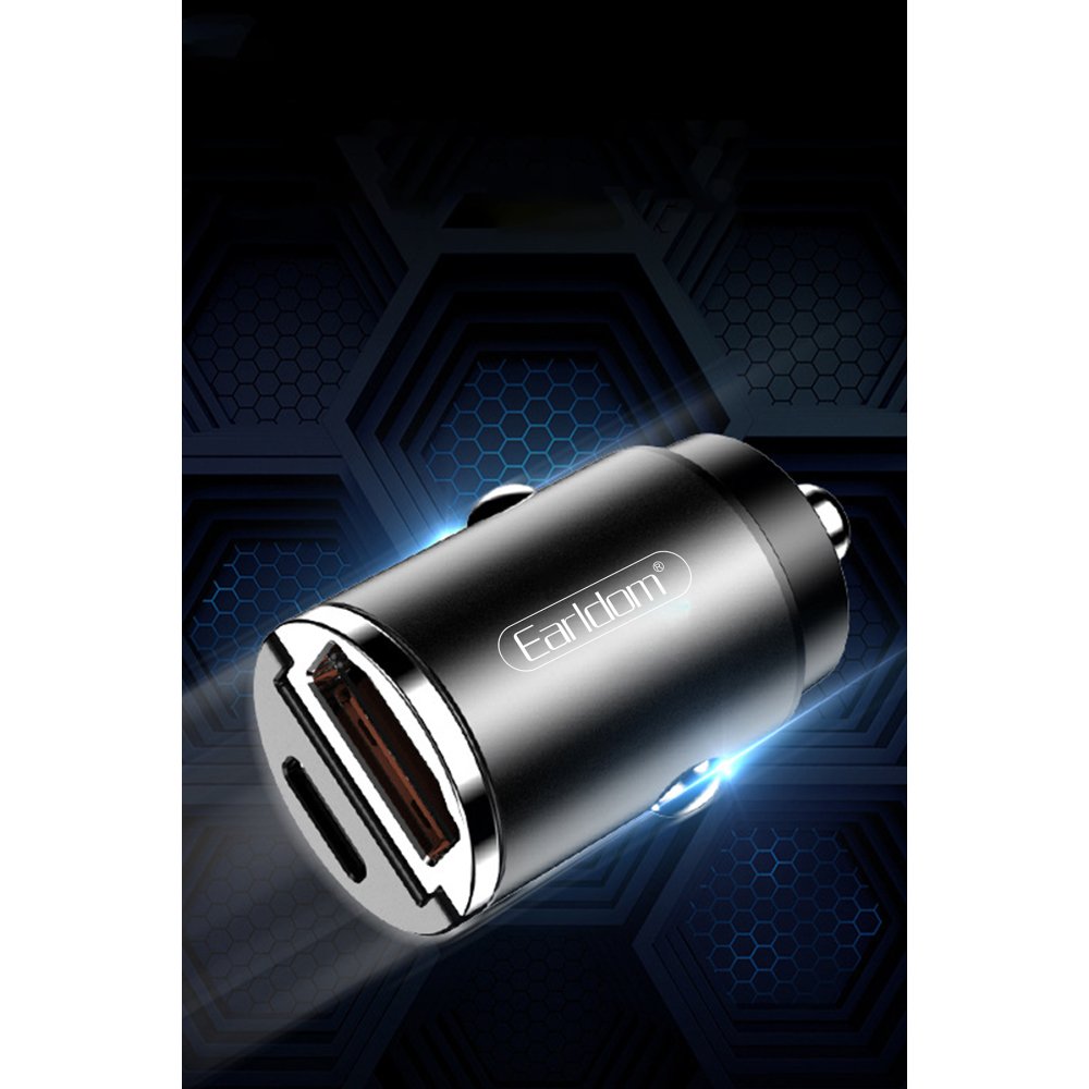 Earldom ES-CC3 1 Adet 18W USB 3.0 / 1 Adet 20W Type-C Çıkışlı PD Hızlı Araç Şarj - Siyah