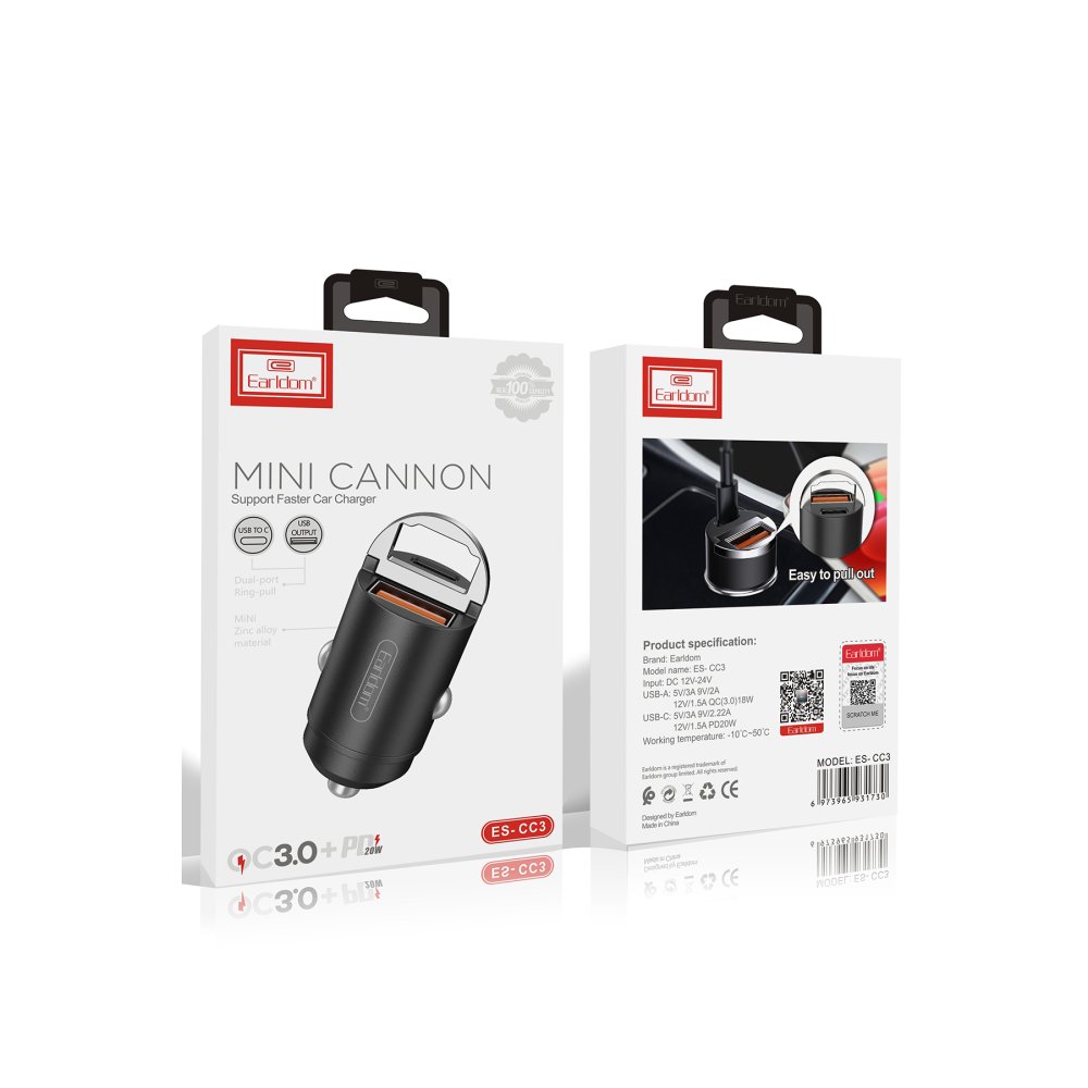 Earldom ES-CC3 1 Adet 18W USB 3.0 / 1 Adet 20W Type-C Çıkışlı PD Hızlı Araç Şarj - Siyah