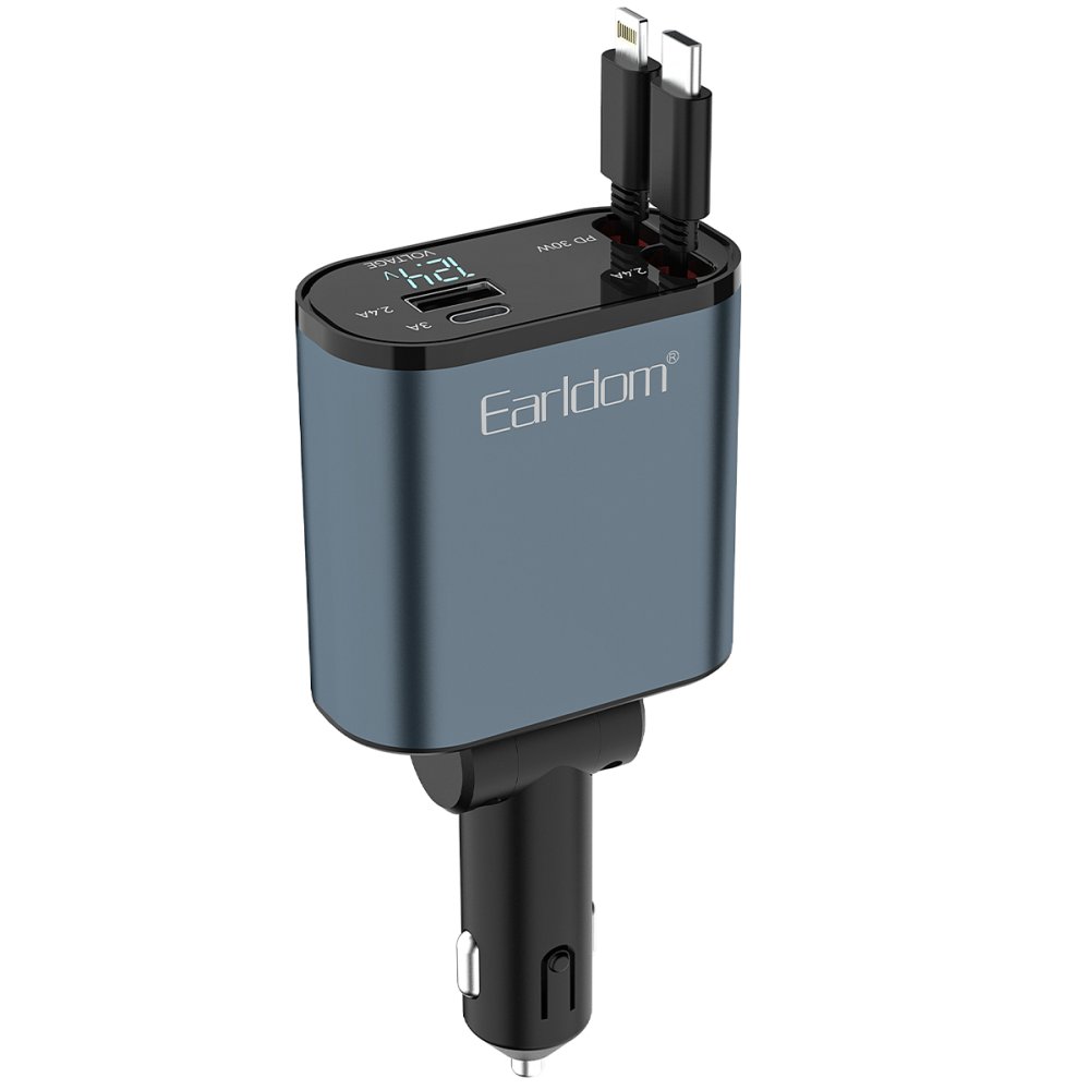 Earldom ES-CC38 80cm Dahili Type-C ve Lightning Kablolu Ekstra Type-C ve USB Çıkışlı 66W PD Araç Şarj - Siyah