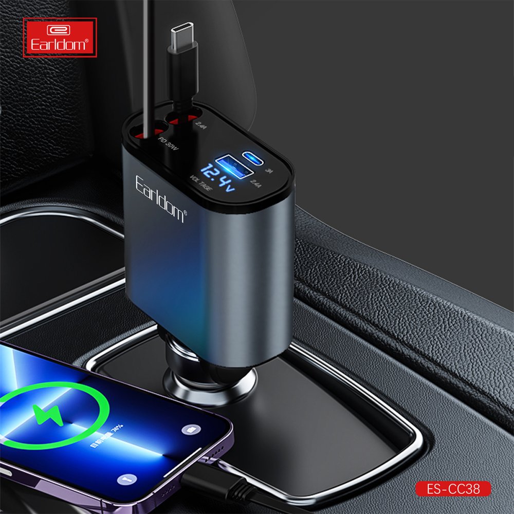 Earldom ES-CC38 80cm Dahili Type-C ve Lightning Kablolu Ekstra Type-C ve USB Çıkışlı 66W PD Araç Şarj - Siyah