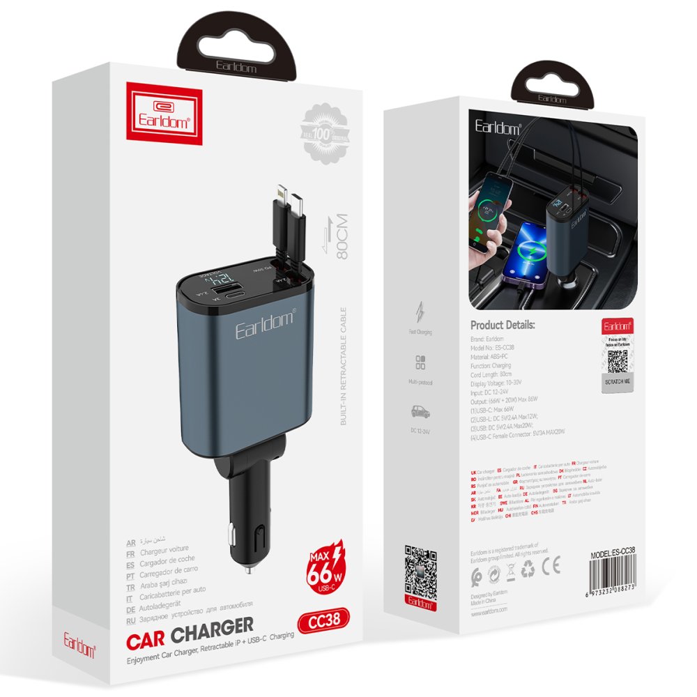 Earldom ES-CC38 80cm Dahili Type-C ve Lightning Kablolu Ekstra Type-C ve USB Çıkışlı 66W PD Araç Şarj - Siyah