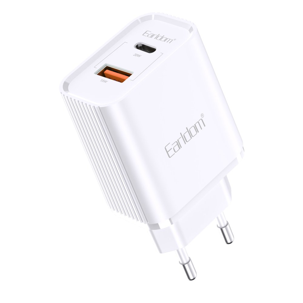Earldom ES-EU37 1 Adet 10W USB 3.0 / 1 Adet 20W Type-C Çıkışlı QC 3.0 Hızlı Şarj Cihazı - Beyaz