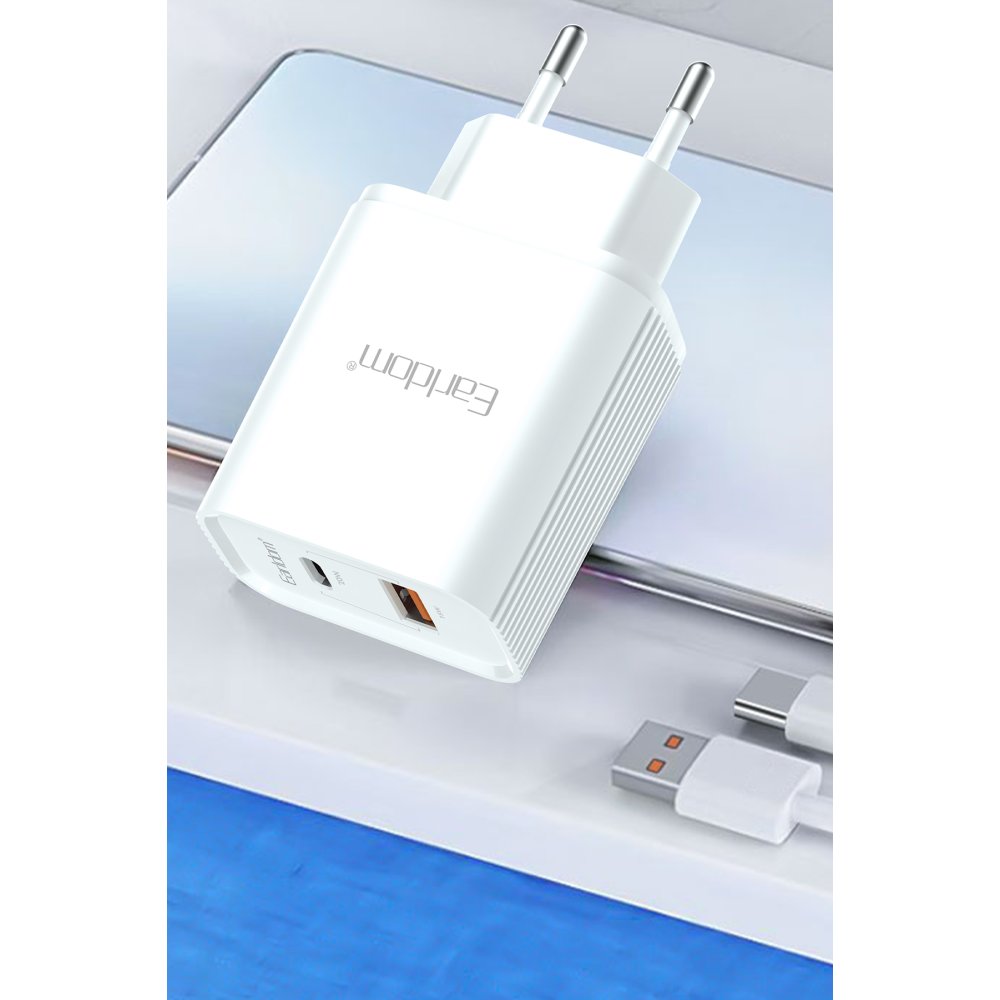 Earldom ES-EU37 1 Adet 10W USB 3.0 / 1 Adet 20W Type-C Çıkışlı QC 3.0 Hızlı Şarj Cihazı - Beyaz