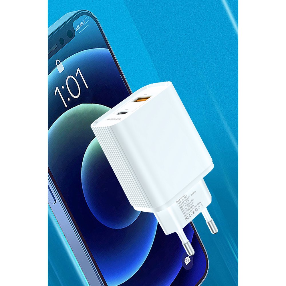 Earldom ES-EU37 1 Adet 10W USB 3.0 / 1 Adet 20W Type-C Çıkışlı QC 3.0 Hızlı Şarj Cihazı - Beyaz