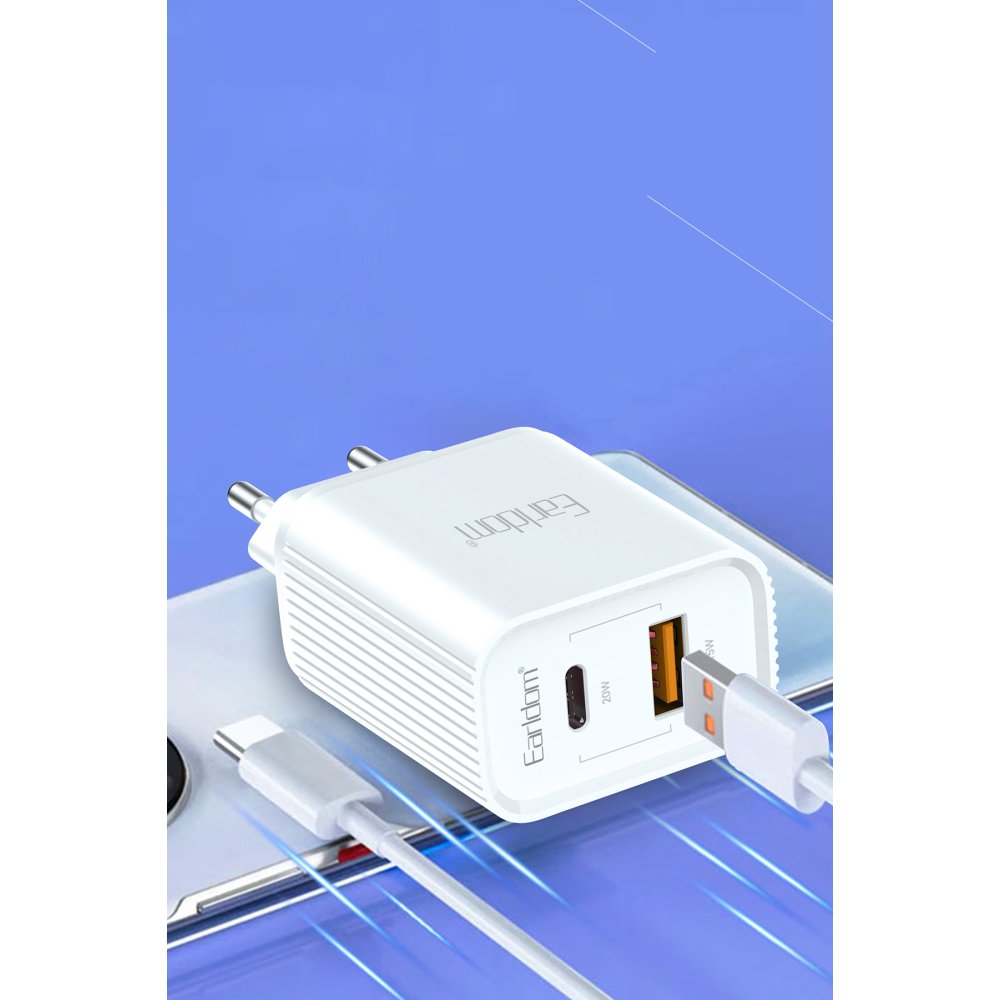 Earldom ES-EU37 1 Adet 10W USB 3.0 / 1 Adet 20W Type-C Çıkışlı QC 3.0 Hızlı Şarj Cihazı - Beyaz