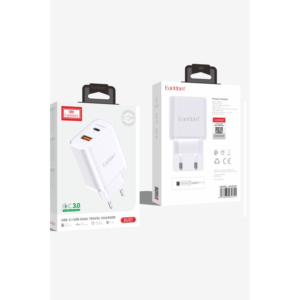 Earldom ES-EU37 1 Adet 10W USB 3.0 / 1 Adet 20W Type-C Çıkışlı QC 3.0 Hızlı Şarj Cihazı - Beyaz