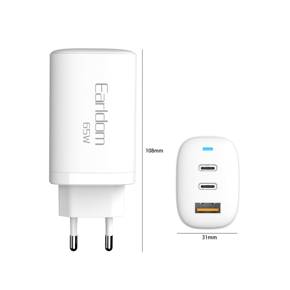 Earldom EU26C 2 Adet 65W Type-C ve 1 Adet 30W USB 3.0 Çıkışlı Ekstra Type-C to Type-C Kablolu GAN Şarj Cihazı - Beyaz