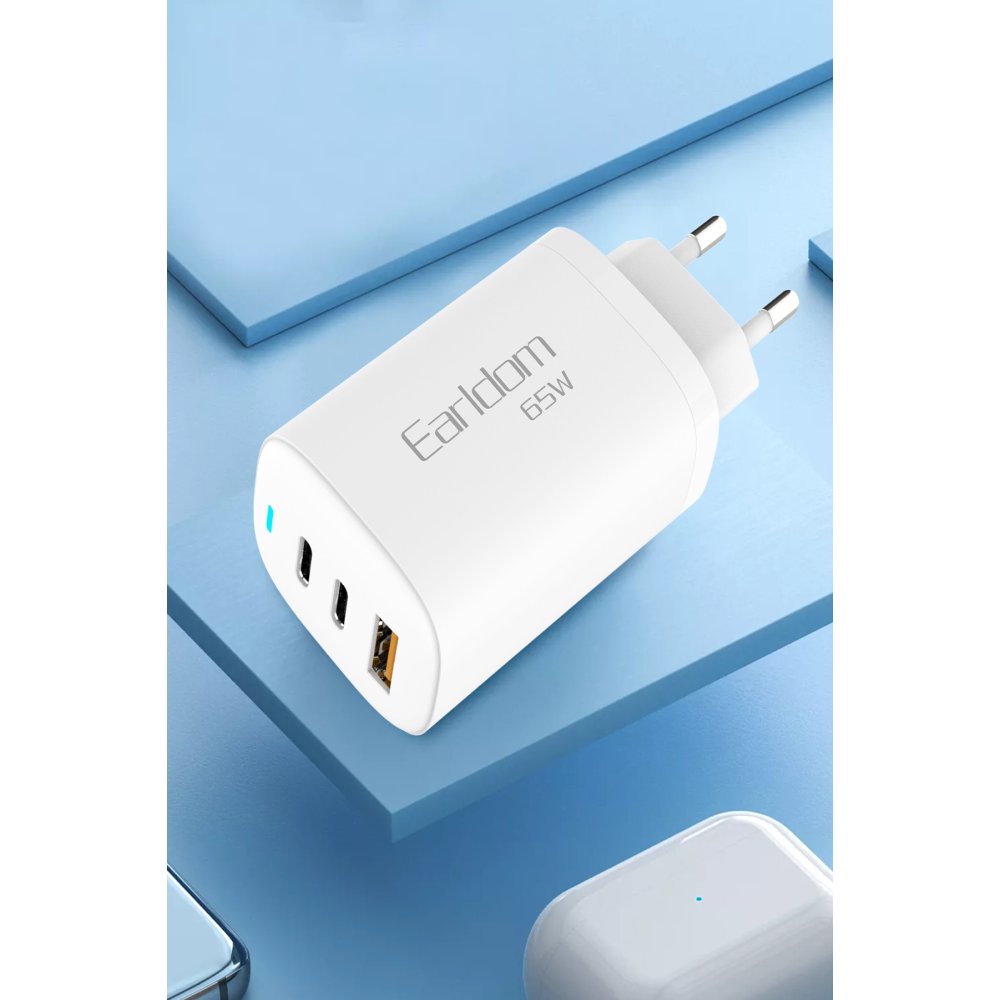 Earldom EU26C 2 Adet 65W Type-C ve 1 Adet 30W USB 3.0 Çıkışlı Ekstra Type-C to Type-C Kablolu GAN Şarj Cihazı - Beyaz