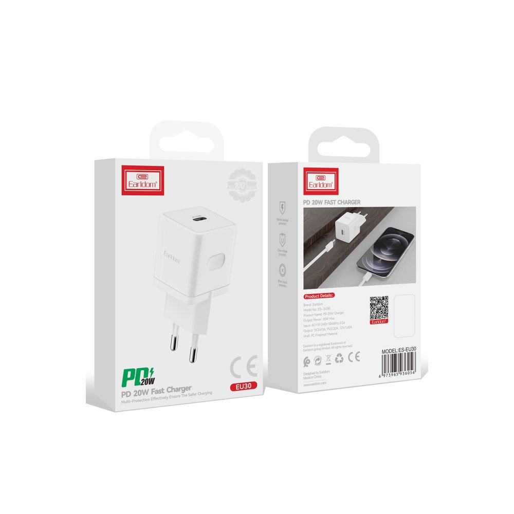 Earldom EU30i 20W Type-C Çıkışlı ve Type-C to Lightning Kablolu PD Hızlı Şarj Cihazı - Beyaz