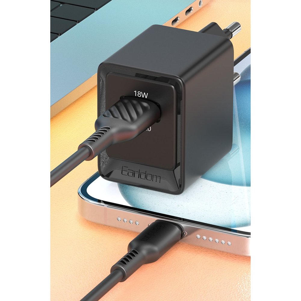 Earldom EU45 18W USB QC 3.0 Çıkışlı ve USB to Type-C Kablolu PD Hızlı Şarj Cihazı - Beyaz
