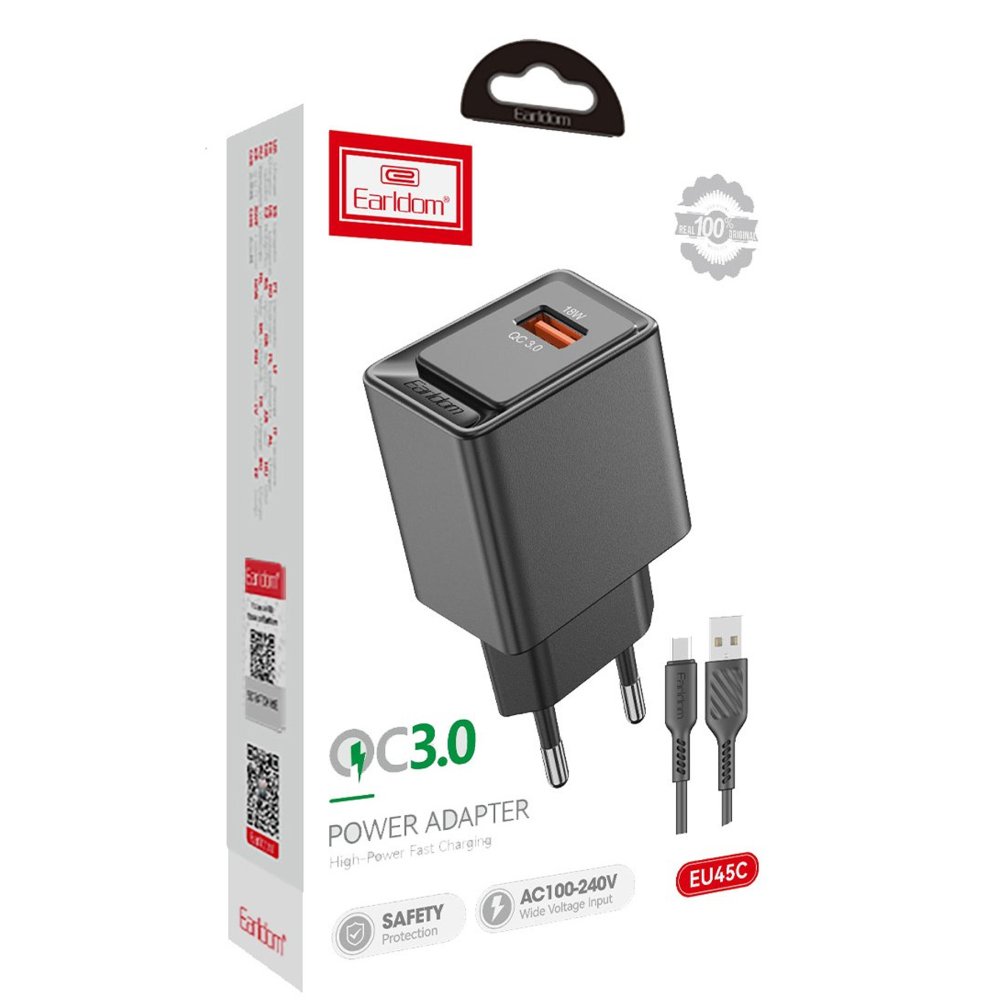 Earldom EU45 18W USB QC 3.0 Çıkışlı ve USB to Type-C Kablolu PD Hızlı Şarj Cihazı - Beyaz