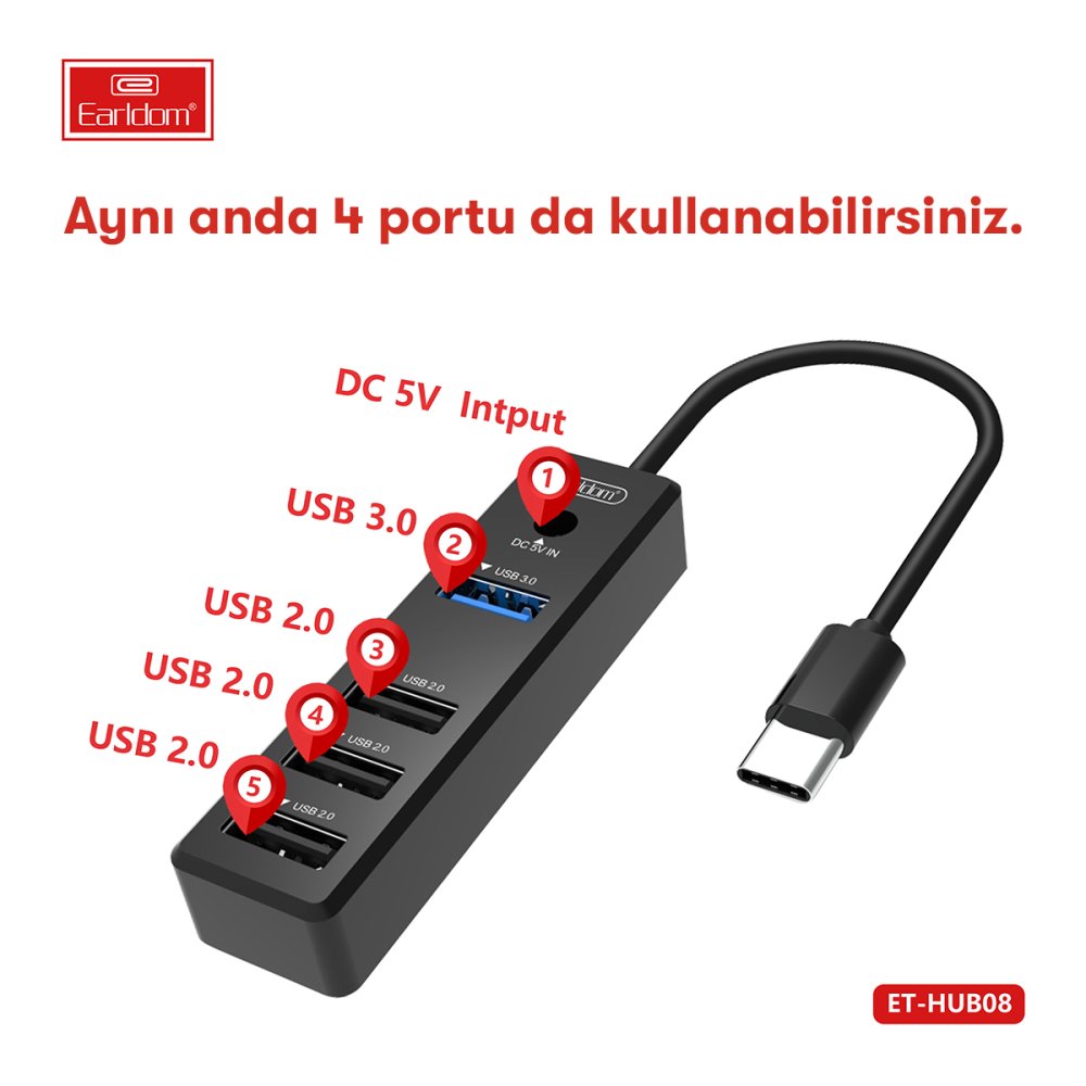 Earldom HUB08 Tak Çalıştır 3 Adet Usb 2.0 ve 1 Adet Usb 3.0 Çıkışlı Usb Çoklayıcı - Siyah