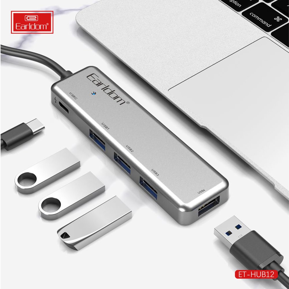 Earldom HUB12 Tak Çalıştır 40cm 4 Adet Usb 2.0 ve 1 Adet Type-C Çıkışlı Usb Çoklayıcı - Gri