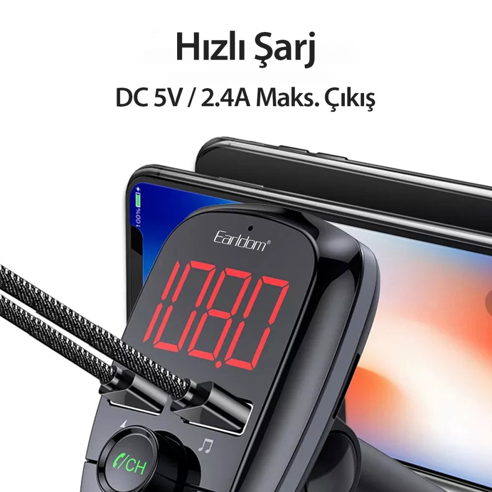 Earldom M55 Bluetooth USB3.0 PD Hızlı Şarj Dijital FM Transmitter - Siyah