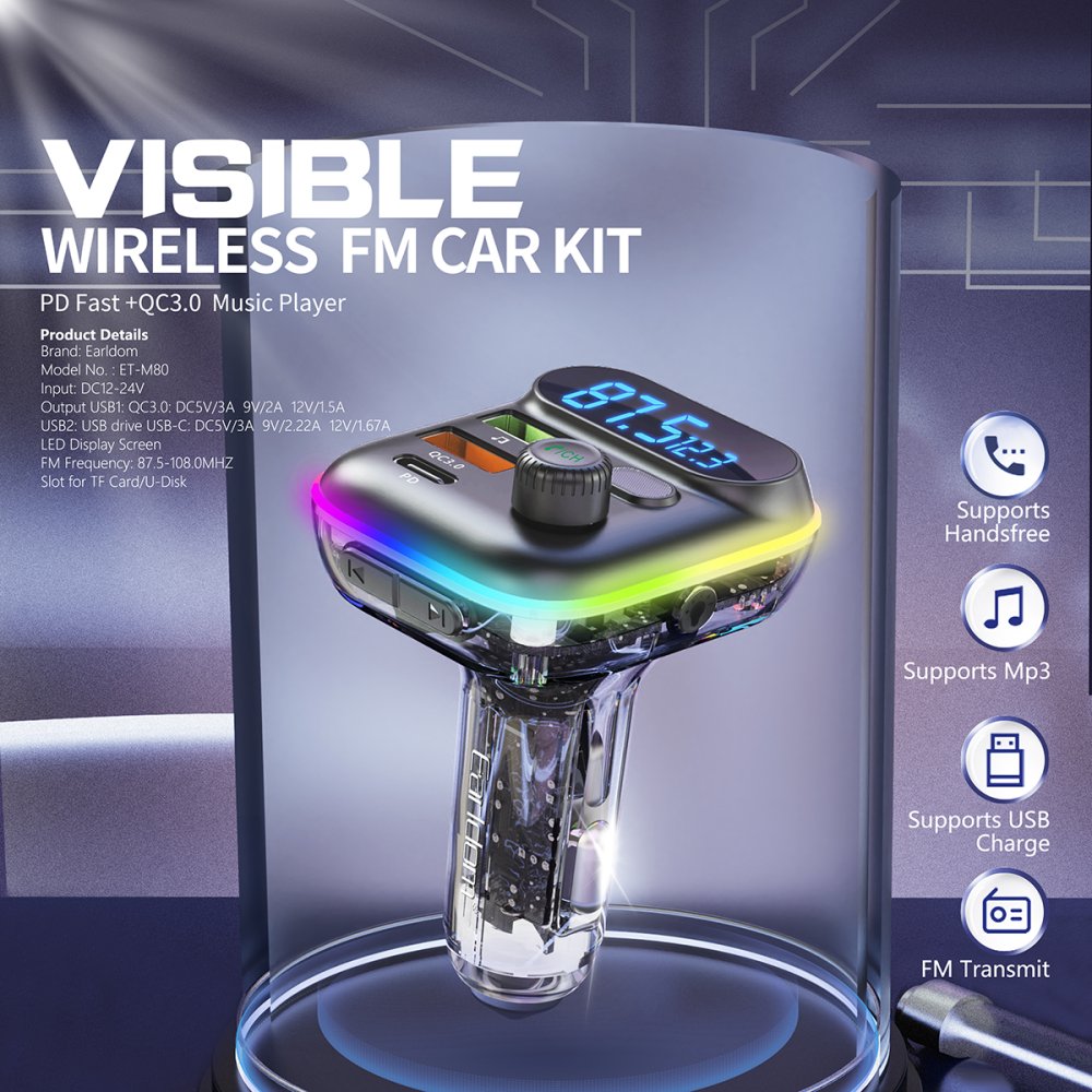 Earldom M80 Bluetooth USB3.0 ve Type C PD Hızlı Şarj FM Transmitter - Siyah