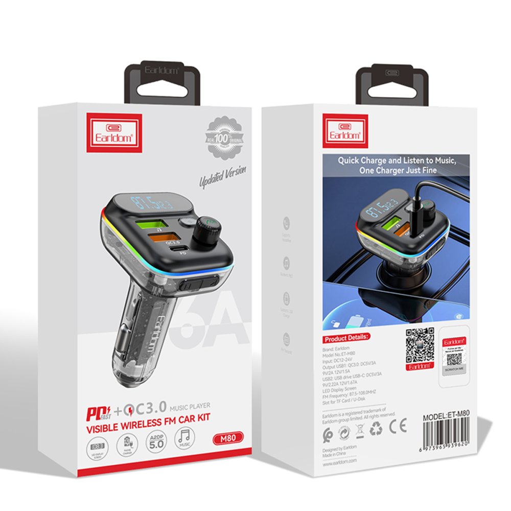 Earldom M80 Bluetooth USB3.0 ve Type C PD Hızlı Şarj FM Transmitter - Siyah