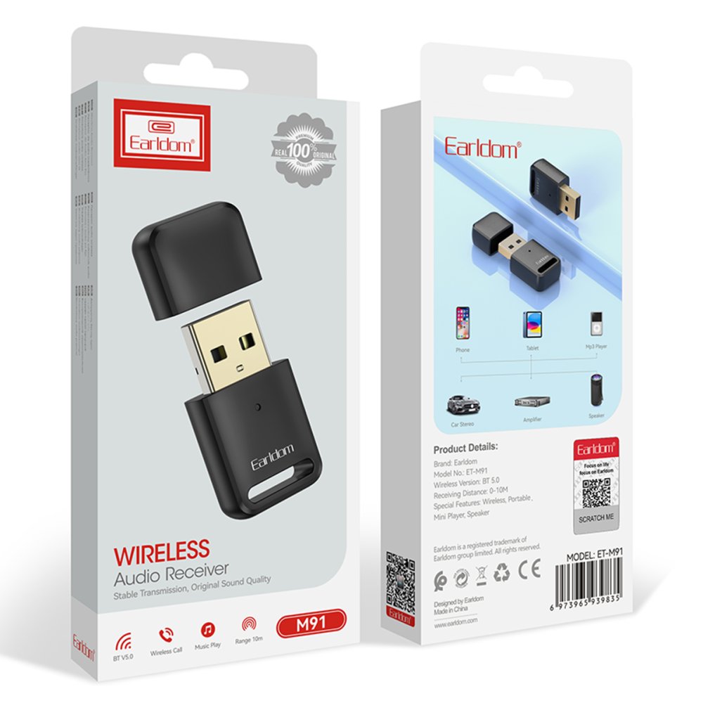 Earldom M91 Bluetooth 5.0 Usb Aux Dönüştürücü - Siyah