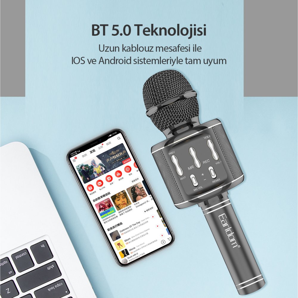 Earldom MC2 Led Işıklı Karaoke Mikrofon - Siyah