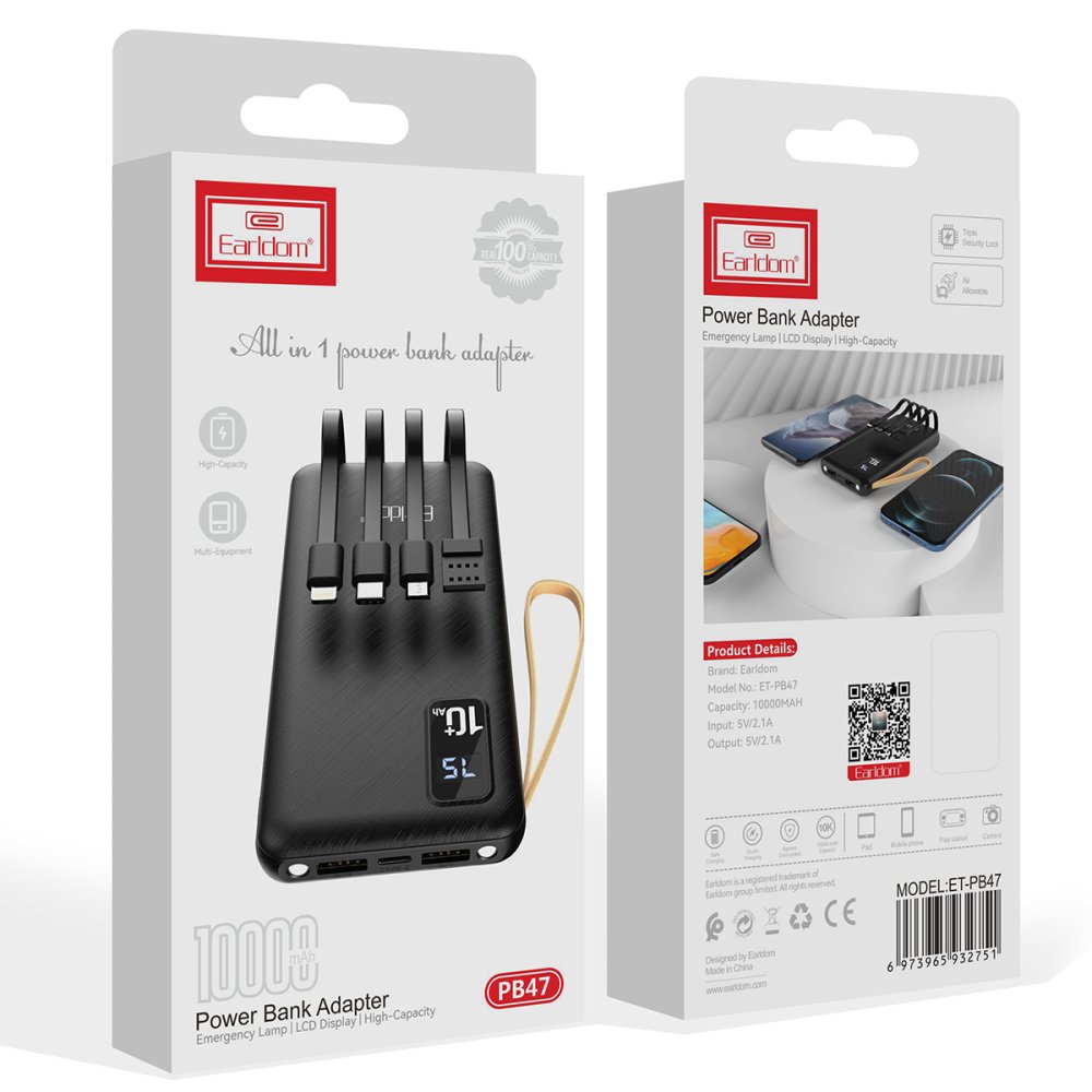 Earldom PB47 10.000 mAh 20W PD Hızlı Şarj Powerbank - Siyah