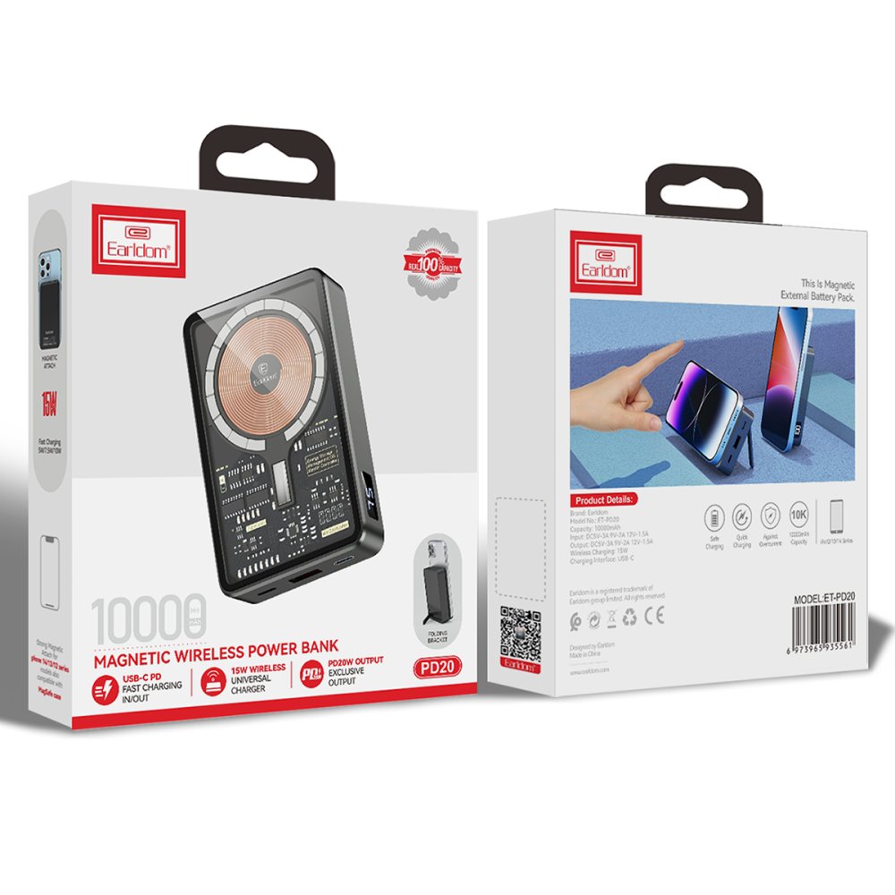 Earldom PD20 10.000 mAh Kablosuz Şarjlı PD Hızlı Şarj Mini Powerbank - Siyah