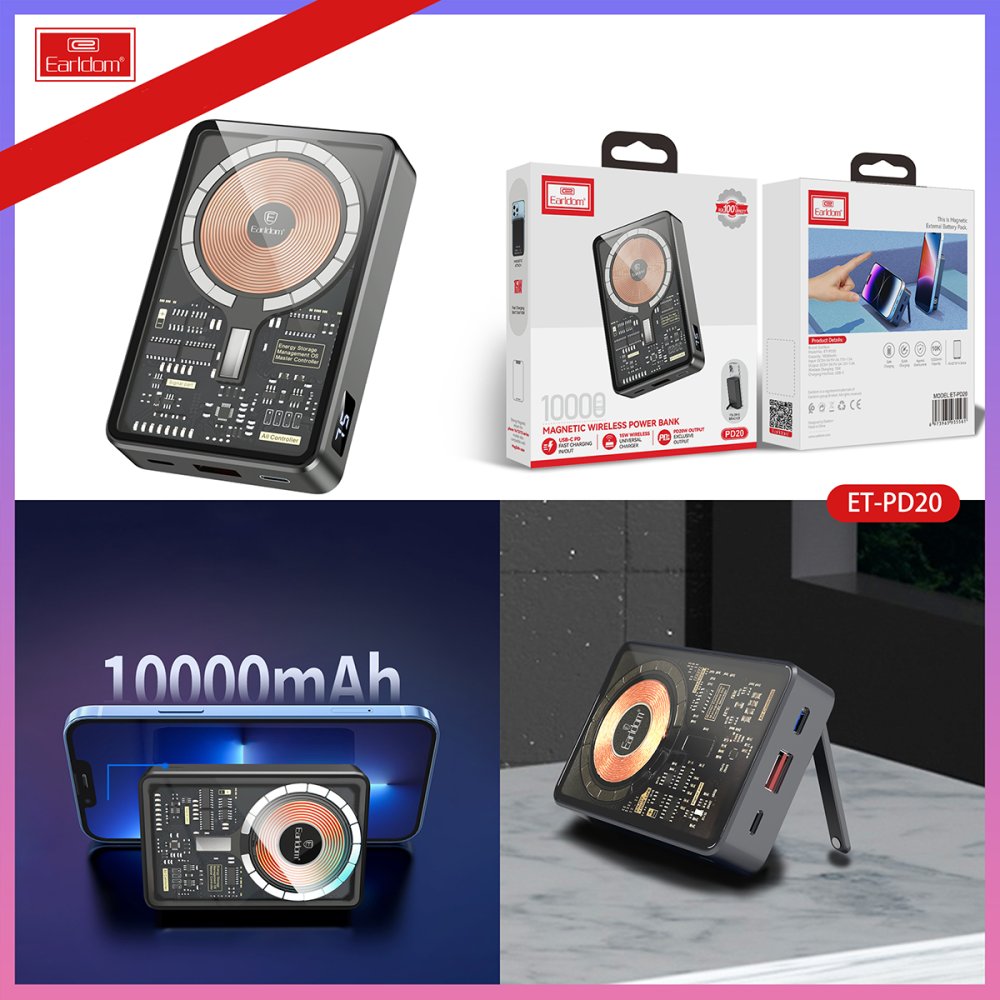 Earldom PD20 10.000 mAh Kablosuz Şarjlı PD Hızlı Şarj Mini Powerbank - Siyah