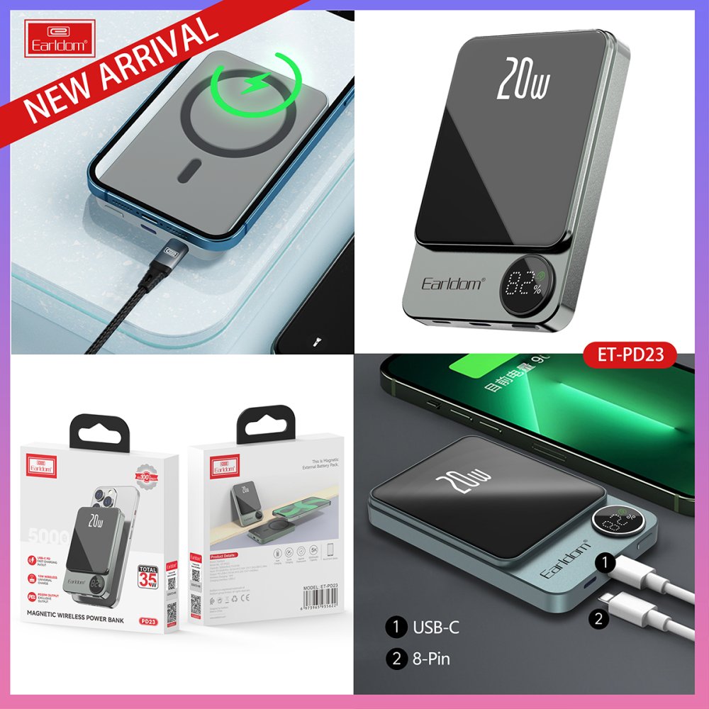 Earldom PD23 5.000 mAh 20W Kablosuz Şarjlı PD Hızlı Şarj Mini Powerbank - Gri