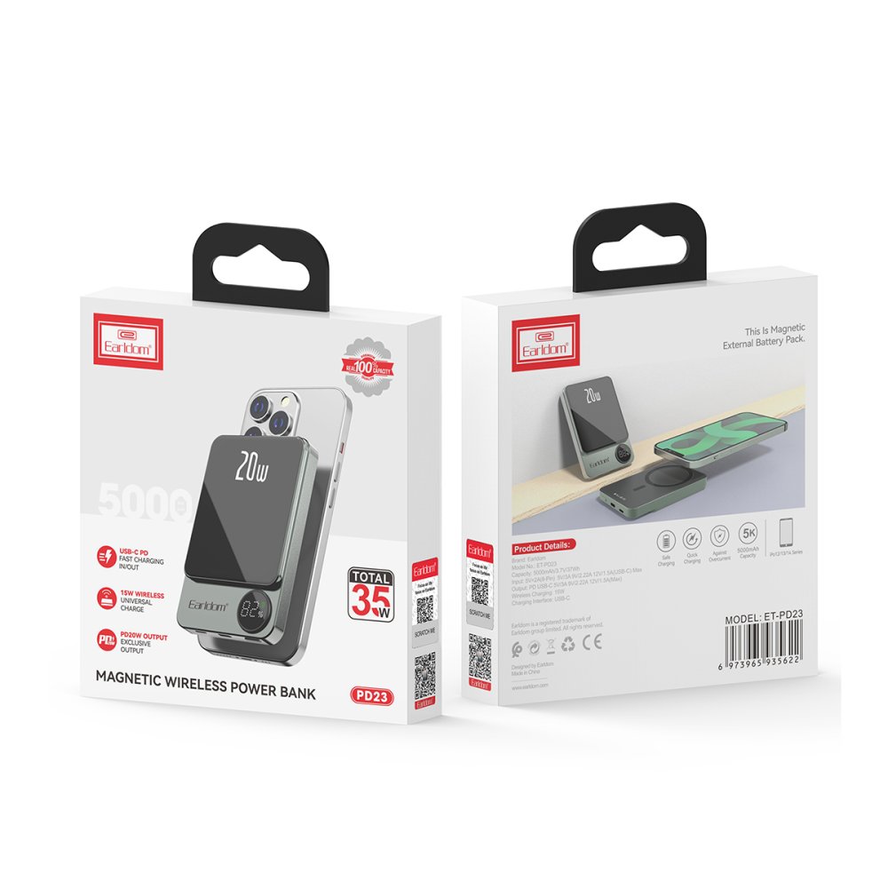 Earldom PD23 5.000 mAh 20W Kablosuz Şarjlı PD Hızlı Şarj Mini Powerbank - Mor