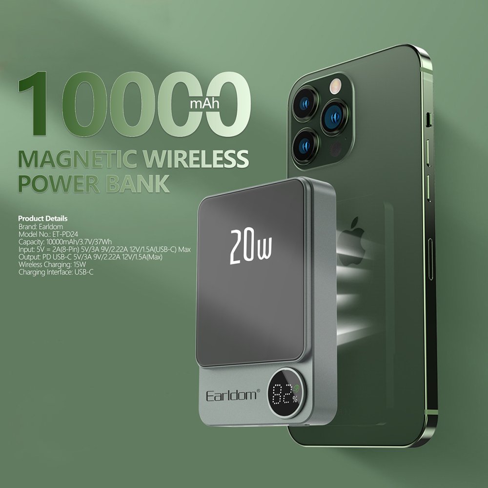 Earldom PD24 10.000 mAh 20W Kablosuz Şarjlı PD Hızlı Şarj Mini Powerbank - Yeşil