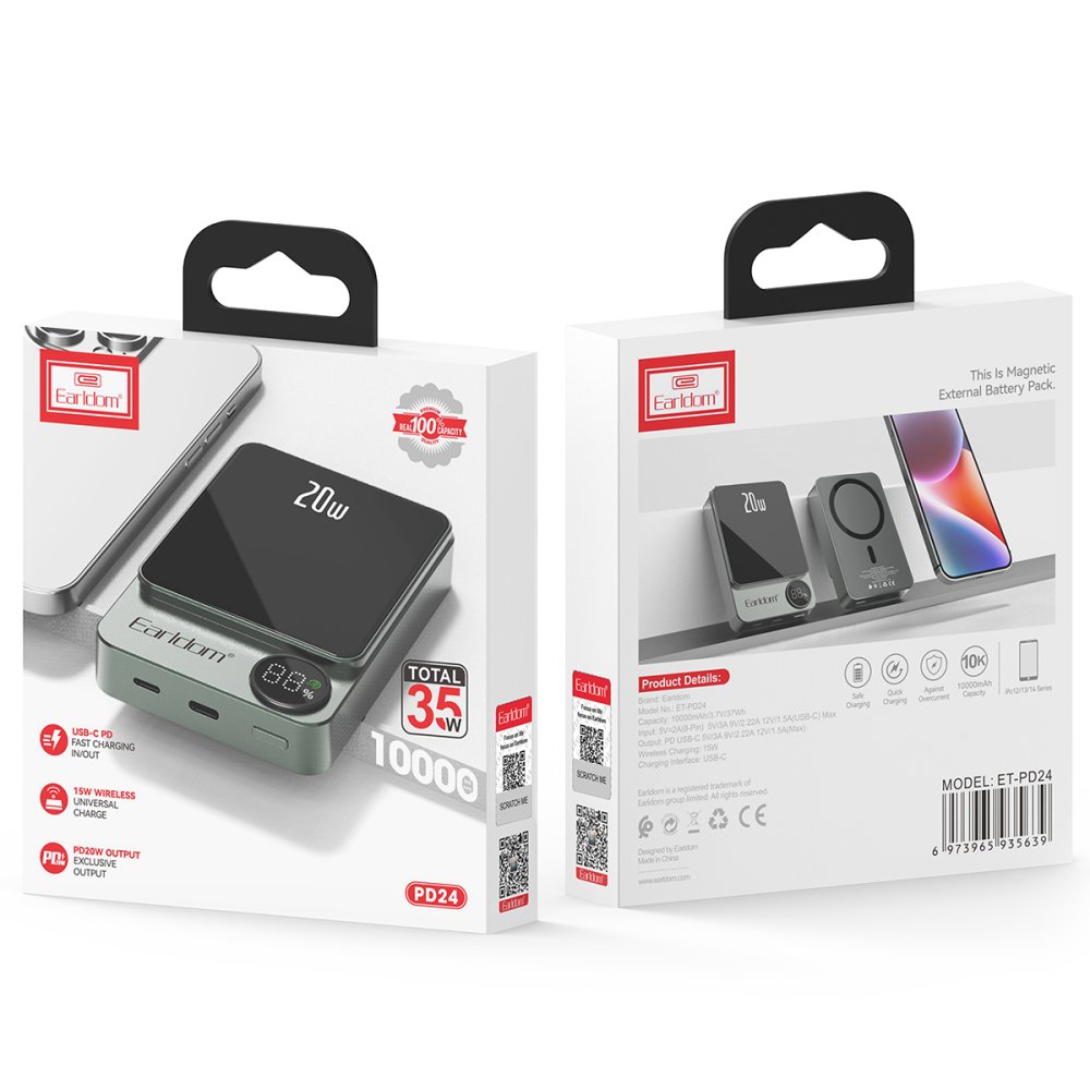 Earldom PD24 10.000 mAh 20W Kablosuz Şarjlı PD Hızlı Şarj Mini Powerbank - Yeşil