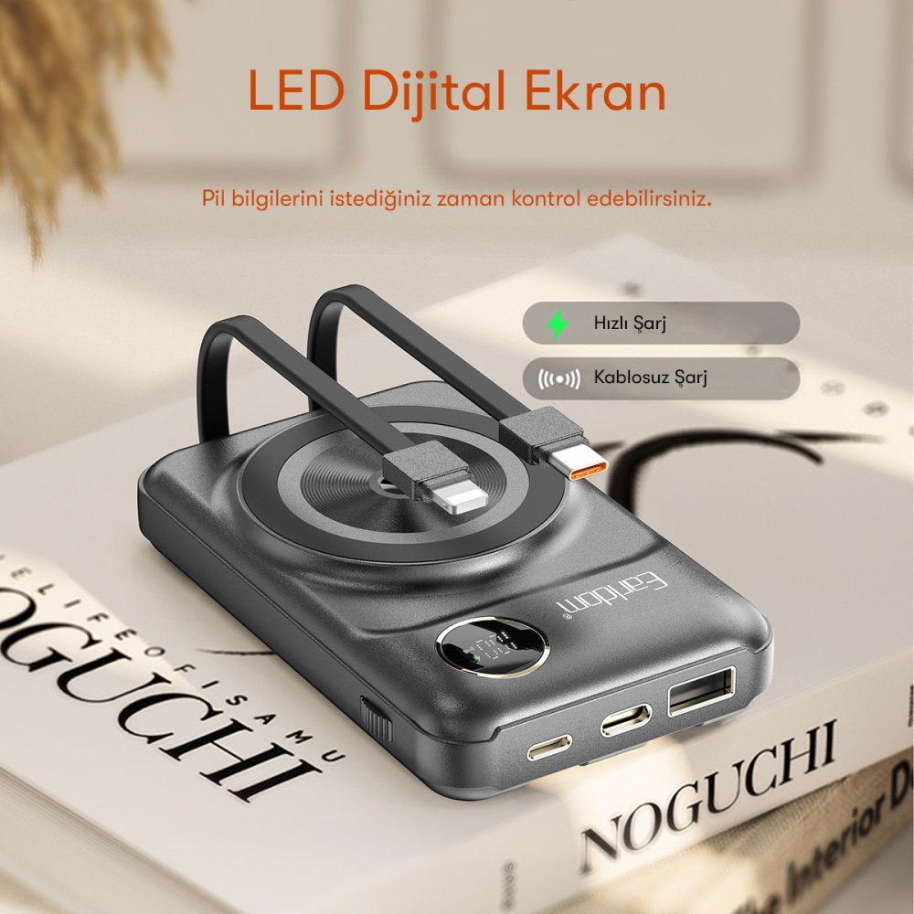 Earldom PD28 10.000 mAh 22.5W Kablosuz Şarjlı Dijital Göstergeli PD Hızlı Şarj Mini Powerbank - Siyah