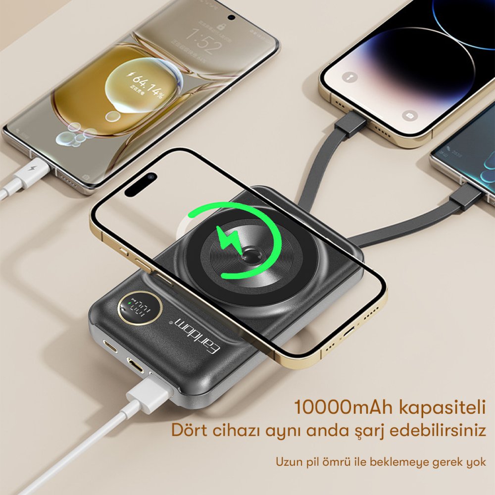 Earldom PD28 10.000 mAh 22.5W Kablosuz Şarjlı Dijital Göstergeli PD Hızlı Şarj Mini Powerbank - Siyah