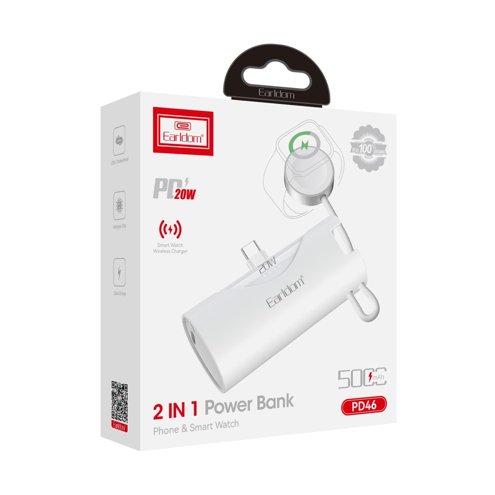 Earldom PD46 5.000 mAh 20W Dahili Type-C Çıkışlı Ekstra Dahili 2.5W Saat Şarj Kablolu PD Hızlı Şarj Mini Powerbank - Beyaz