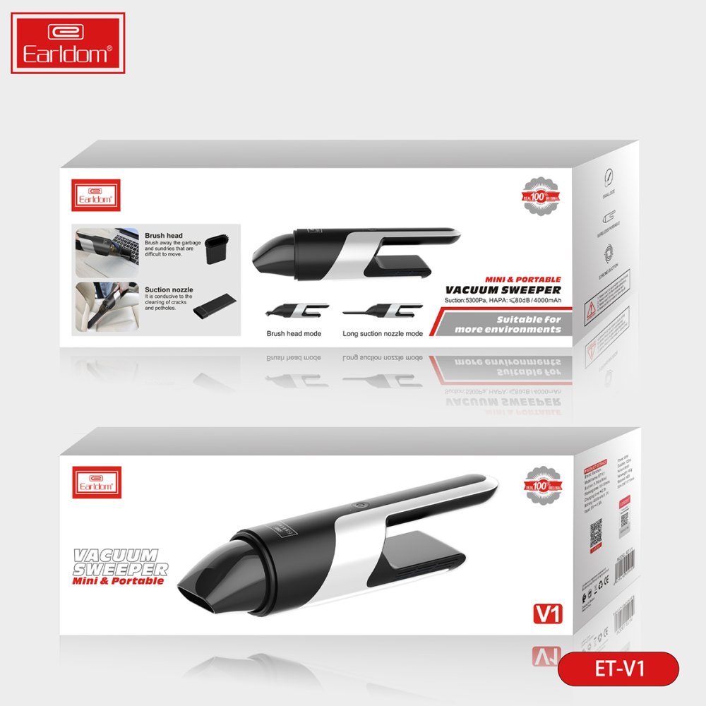Earldom V1 Çift Başlıklı Kablosuz Mini Süpürge - Siyah