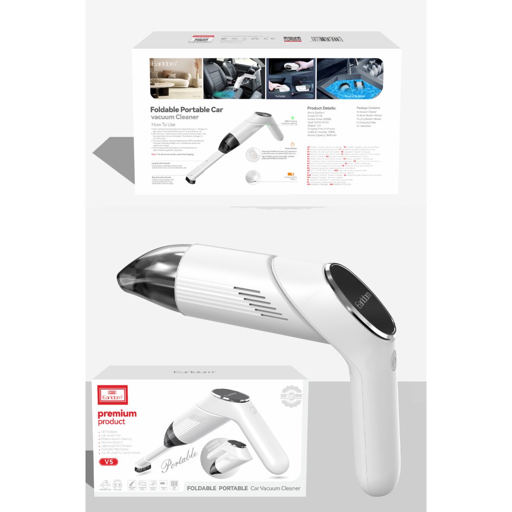 Earldom V5 180 Derece Katlanabilir Kablosuz Araç Süpürge - Beyaz