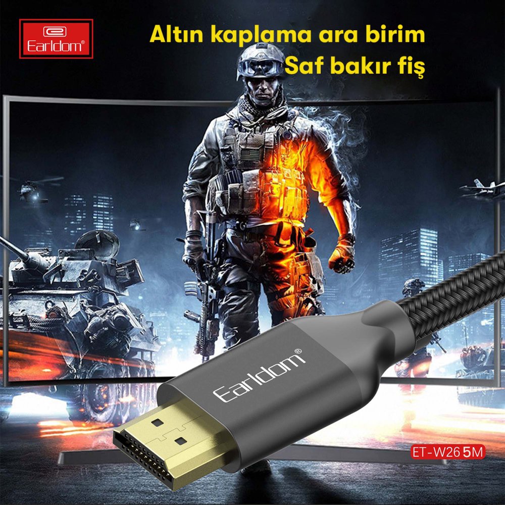 Earldom W26 5m 4K Altın Uçlu Hasır HDMI Kablo - Siyah