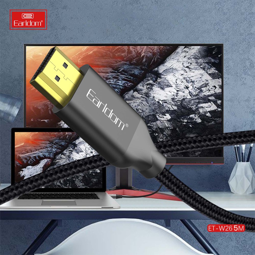 Earldom W26 5m 4K Altın Uçlu Hasır HDMI Kablo - Siyah