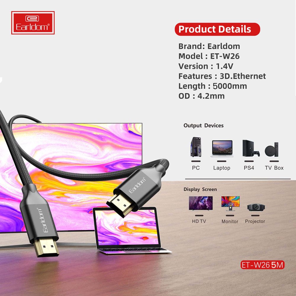 Earldom W26 5m 4K Altın Uçlu Hasır HDMI Kablo - Siyah
