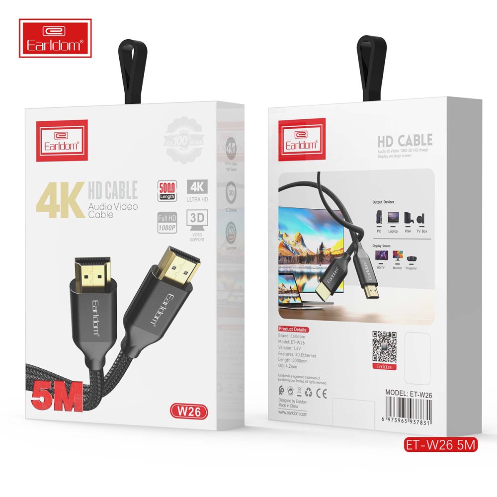 Earldom W26 5m 4K Altın Uçlu Hasır HDMI Kablo - Siyah